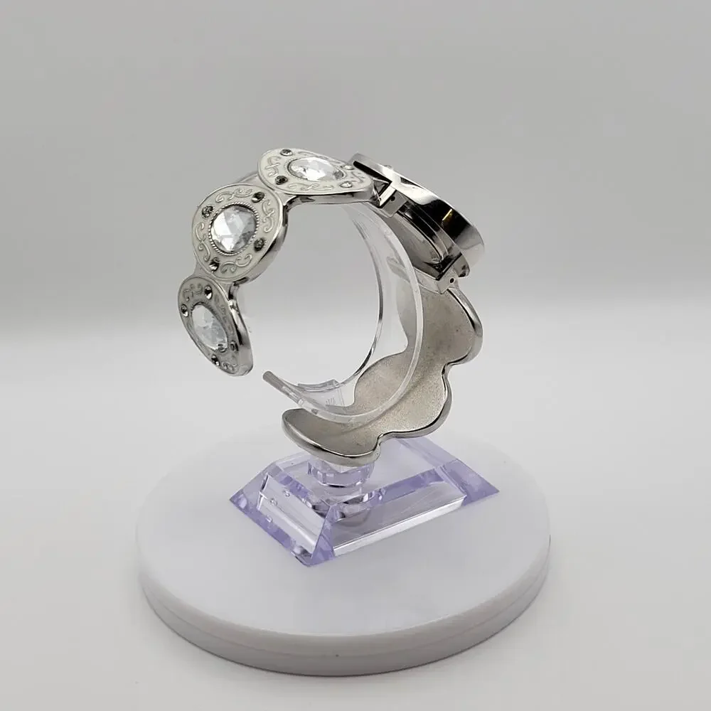 Women's Cuff Bangle Watch Mother of Pearl Dial Silver Filigree Crystal Links